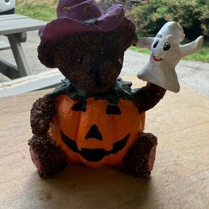 Halloween Bear figurine In Pumpkin Suit And Witch Hat Holding A Ghost.